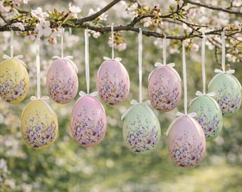 12 paaseieren, roze, lichtgroen, geel, bloemeneieren o871, pastelkleurige decoratieve mix, 6 cm, hangende decoraties, paasei-ornamenten, bloemencadeauset