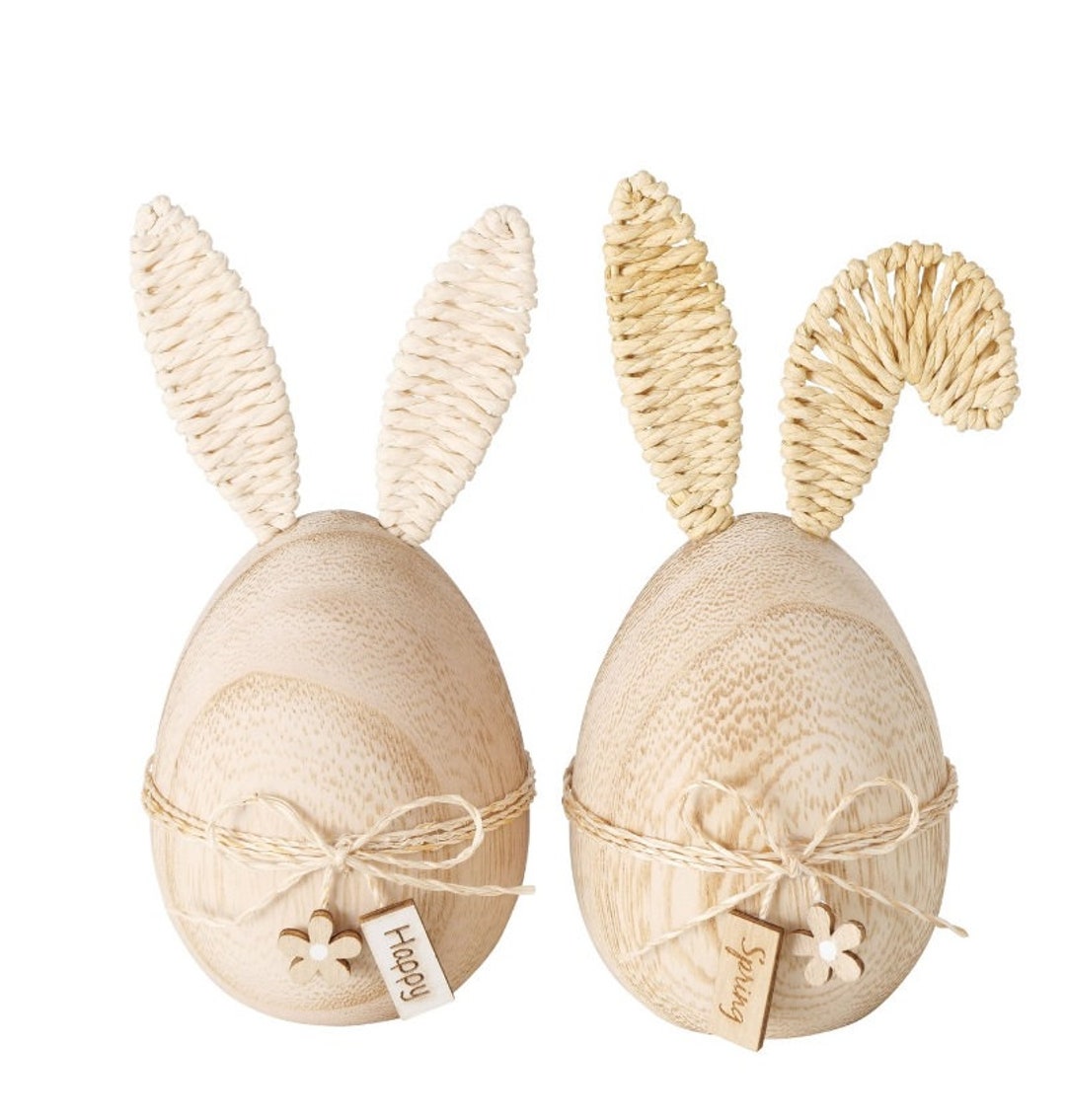 2 Pcs Wooden Rabbits 12 Cm Natural Decoration Jute Straw Rattan N090 ...