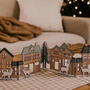 Stand row of houses o830 white brown green 40 x 10 cm Shabby Chic decorative houses houses decorative house silhouette foldable room decoration wooden houses table decoration