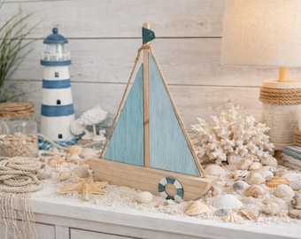 Sailboat 28 x 18 cm Wooden Boat o2024-360 Decorative Blue Brown Maritime Decoration Wooden Boat Stand Decorative Object Wooden Anchor Ship Boat Sailor