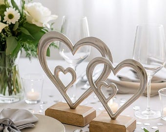 Set of 2 silver-colored heart-shaped display stands b262, aluminum, silver wedding anniversary decoration, gift for lovers, double heart, table decoration, wedding decoration, ceremony