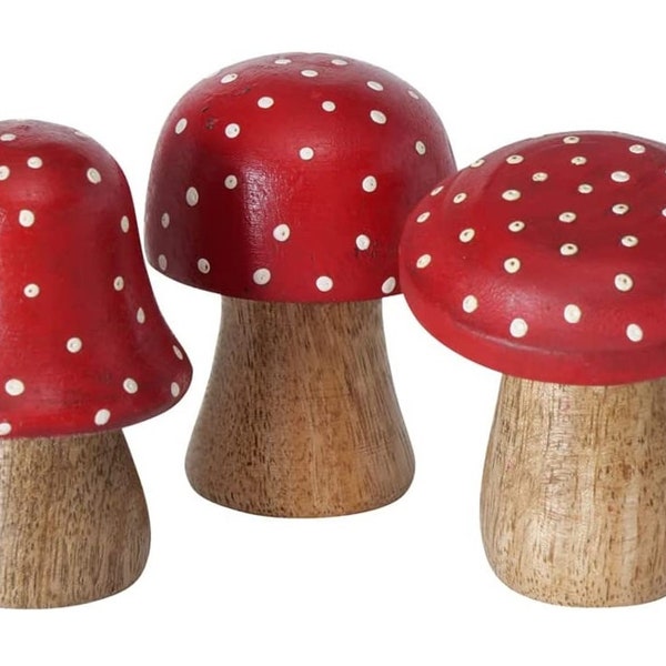 3 PCS Crapauds Bois rouge Blanc brun Porte-bonheur Champignons décoratifs Champignons chanceux Décoration d’automne Champignons Artisanat Champignons Mouche agaric Champignon chanceux Champignons en bois Champignons