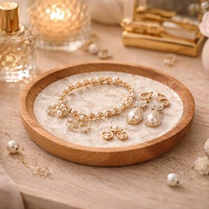May include: A collection of gold-toned jewellery, including a bracelet, drop earrings, and small stud earrings, presented on a wooden tray with a marble effect. The pieces are embellished with pearls and crystals. The scene is enhanced by soft lighting and a perfume bottle.