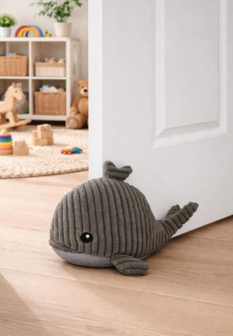 May include: A gray whale-shaped doorstop made of corduroy fabric. The doorstop has a rounded body, a small fin on top, and a tail. It is placed on a light-colored wooden floor next to a white door.