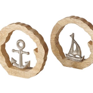 2 pcs stand maritime wooden disc b932 table decoration anchor sailboat aluminum wooden ring round gift set Baltic Sea North Sea bathroom decoration 15 cm