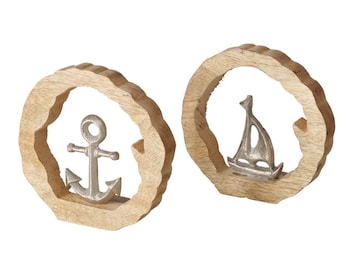 Juego de 2 discos de madera marítimos b932, decoración de mesa, ancla, velero, anillo de madera de aluminio, set de regalo redondo, Mar Báltico, Mar del Norte, decoración de baño, 15 cm