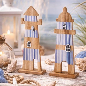 2 drewniane dekoracje latarni morskiej XL 32 cm Morskie dekoracje stołu Latarnie morskie Niebieski Biały Brązowy Letnie przyjęcie Morze Bałtyckie Morze Północne Plaża Ślub Wakacje nad morzem