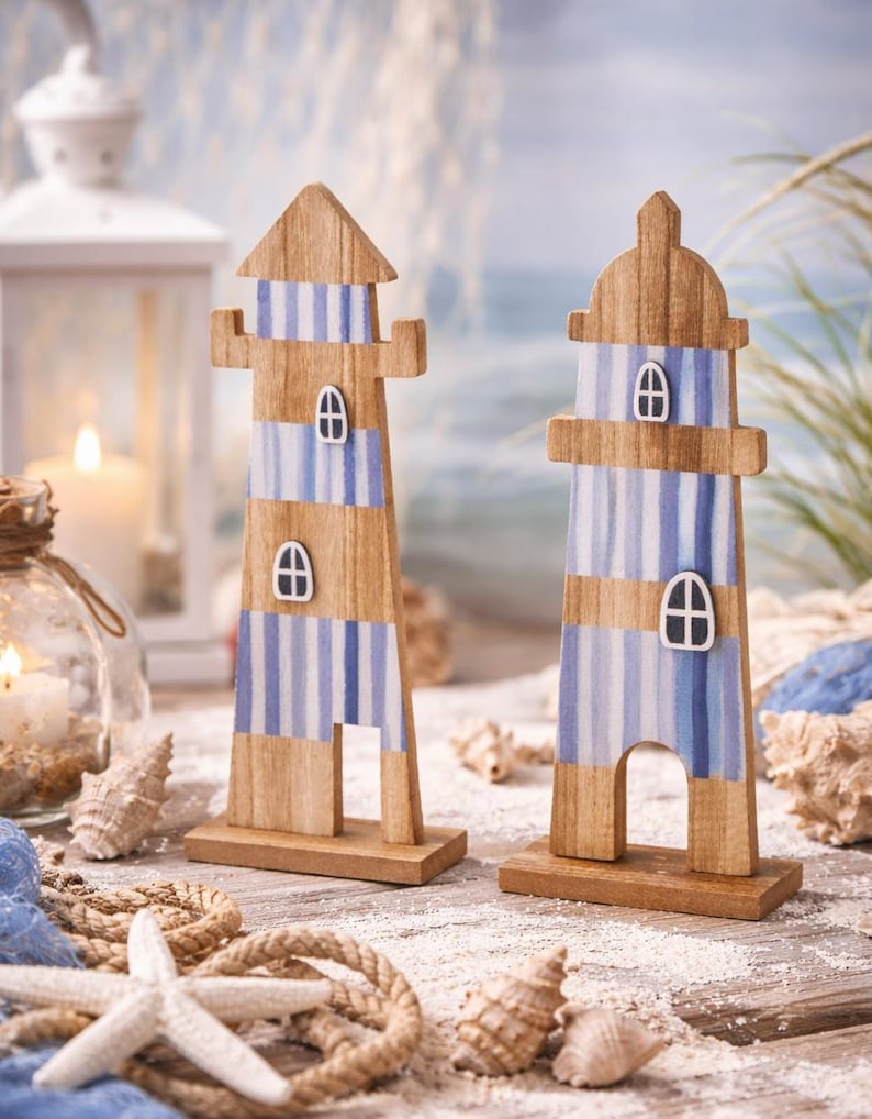 2 Wooden Lighthouse XL Decorations 32 Cm Nautical Table Decorations ...