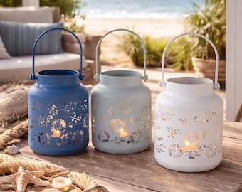 Set di 3 lanterne/portacandele in metallo blu, bianco e grigio (b786) - stile nautico, perfette come decorazioni estive o regali - ciascuna 11 x 9 cm