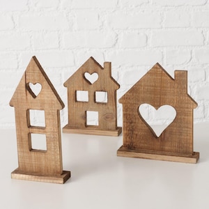 SET OF 3 HOUSES WOODEN BROWN HOUSES LITTLE HOUSES WOODEN HOUSE DECORATION HOUSE SHABBY CHIC Christmas DECORATION VINTAGE USED LOOK WOODEN HOUSES B529 STAND TABLE DECORATION