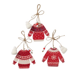 May include: Three red and white Christmas decorations shaped like jumpers with different patterns. Each decoration has a white pom-pom and a string for hanging.