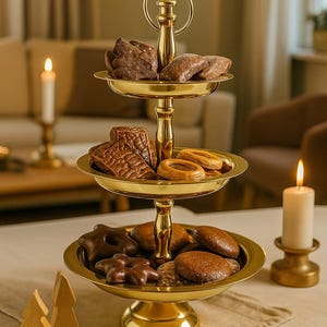 Puede incluir: Una bandeja dorada de tres niveles llena de varias galletas de jengibre. La bandeja está sobre un mantel beige, con velas encendidas y decoraciones de árboles de Navidad de madera en el fondo. Las galletas son de diferentes formas y tamaños.