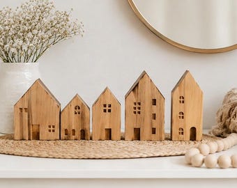 Lot de 5 maisons décoratives en bois (7-11 cm) - Décoration murale p726 - Mer du Nord, Mer Baltique, Décoration maritime - Petites maisons en bois - Maisons miniatures - Décoration de jardin
