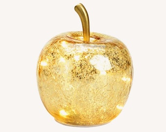 Dekoleuchte Apfel Glas gold farben Dekoapfel Lampe mit LED Lichterkette Herbstdeko Dekolampe Leuchte Tischleuchte Glasapfel 12x11cm Obst