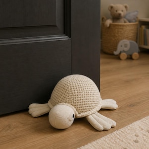 Pode incluir: Um batente de porta em forma de tartaruga bege, feito de tecido macio e crochê. O batente da porta está posicionado em um piso de madeira, perto de uma porta cinza escuro. A tartaruga tem uma cabeça redonda, uma carapaça texturizada e barbatanas.