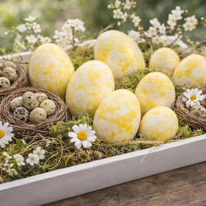 Può includere: Un vassoio bianco pieno di uova di Pasqua decorative e piccoli nidi. Le uova grandi sono gialle con marmorizzazione bianca. I piccoli nidi contengono uova macchiate. Fiori bianchi e muschio verde completano la composizione.