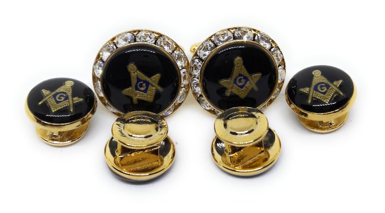 18KT Gold Plated Crystal Masonic Insignia Cufflinks and Studs