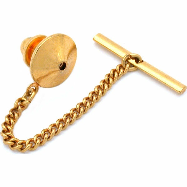 Tie Tack Clutch with Chain Gold or Silver Plated