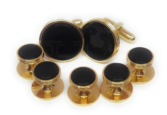 Stunning Masonic Black Onyx Cufflinks with Gold Chain Strap & Shirt Studs Gift 