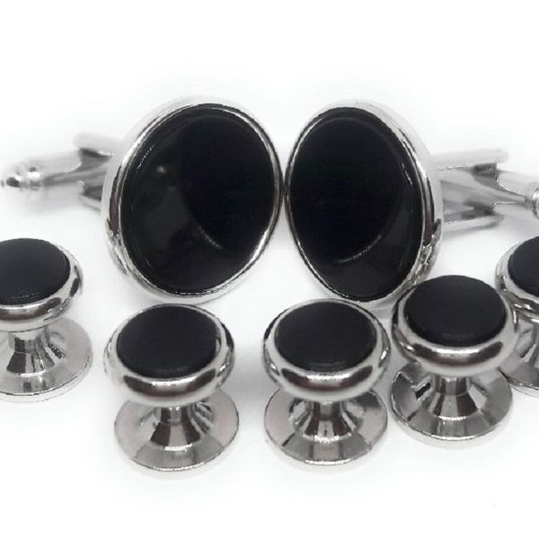 Genuine Onyx Cufflinks and Stud set of Seven Formal Accessories