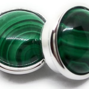 Rhodium Plated Gem Quality Malachite Cuff Buttons