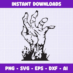 May include: Black and white silhouette of a zombie hand reaching up from the ground. The hand is clawed and has long, sharp fingernails. The hand is surrounded by a dark, shadowy area that suggests dirt or decay.