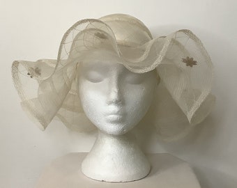 INCREDIBILE cappello Bo-Peep vintage anni '70 floppy a tesa larga con volant cottagecore #VE