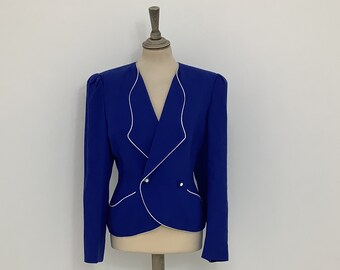 Veste électrique Mansfield vintage des années 1980, blazer court croisé bleu # V4