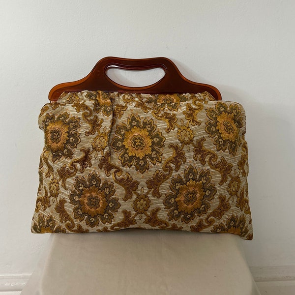 Vintage 1970s handmade tapestry bag handbag craft tote Perspex handles #VA