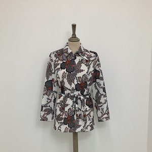 Vintage jaren 1970 tuniek top mod psychedelische bloemen shirt stuiver kraag blouse #V3