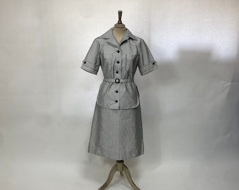 Vintage 1960s Harella safari suit 2 piece shirt skirt striped mod dagger collar #V3