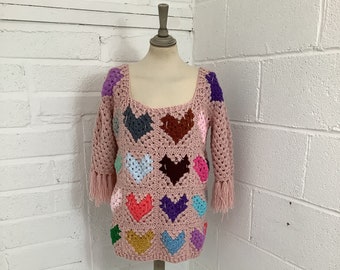 Vintage 1970s handmade crochet jumper oversized granny square pullover sweater #V3