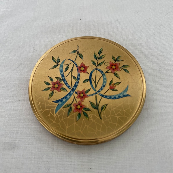 Vintage 1950s powder compact floral ribbon with mirror retro pin up cosmetic #VB