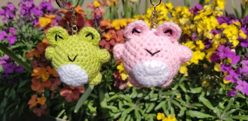 May include: Two crocheted frog keychains, one green and one pink, with white accents. The keychains are hanging from a flower pot.