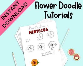 Flower Doodle Tutorials, Floral Step By Step Doodles, Learn How To Doodle Flowers and Plants, How to Draw Tutorials, Digital Pages Doodles
