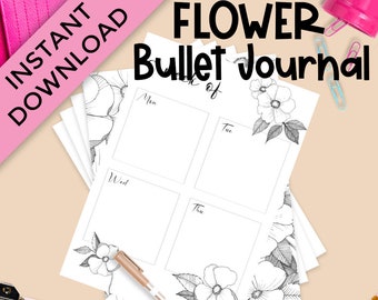 Floral Bullet Journal Printable, planner inserts, bujo printable, journal starter kit, flower planner template, beginner bullet journaling