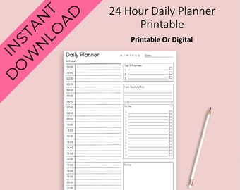 Daily Planner Printable, Daily Planner, Minimalist Daily Planner, Minimal Daily Schedule, 24-Hour Planner, Digital Planner, Planner Inserts