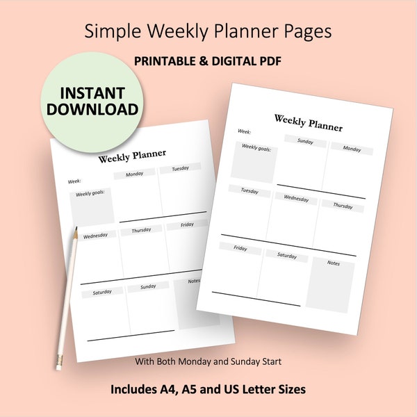 Weekly Planner Insert, One Page Weekly Planner Page, Weekly Planner PDF, Weekly Digital Planner, Simple Week Page, Printable Weekly Planner