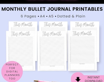 Undated Monthly List Planner Printable A4 A5, Bullet Journal Monthly Log PDF, 28 30 31 Day Planner Pages Dotted Plain