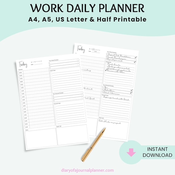 Work Daily Planner, Work Planner Printable, Work From Home Planner, Productivity Planner, Daily Planner
