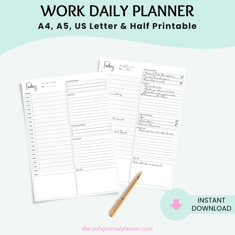 Printable Work planner daily page