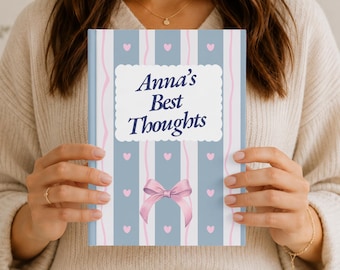 Personalized Coquette Lined Notebook Journal Thoughts, Pink Bow Heart Cover, Soft Blue Pastel Diary for Girls, Cute Giftable Writing Book