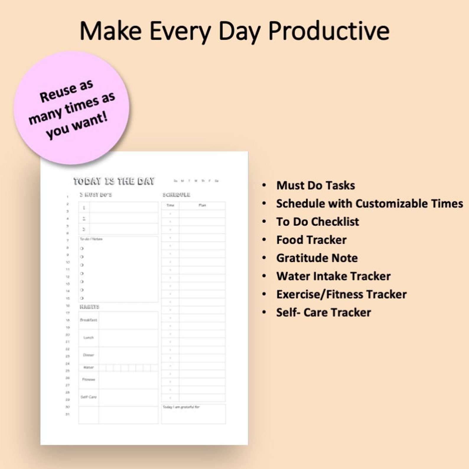 Daily List, Daily Planner, Daily Schedule, Productivity Plan, Instant