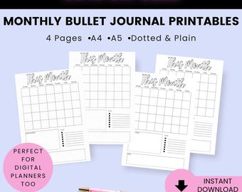 Undated Monthly Planner Printable A4 A5, Bullet Journal Monthly Pages, Monthly Calendar PDF, Monday Sunday Start