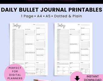 Undated Daily Planner Printable A4 A5, Bullet Journal Daily Page PDF, Hourly Schedule, Habit Tracker, Dotted Plain