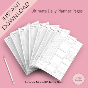 Ultimat daglig planerare utskrivbar, dagsplanerare, dagsschema, 12-timmarsplanerare, digital planerare, planeringsinlägg, 7-dagarsplanerare, dagliga sidor