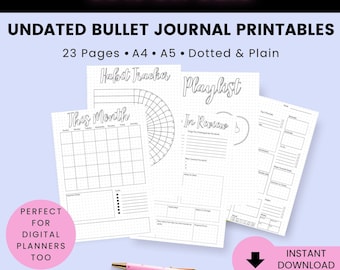 Undated Bullet Journal Printable Bundle A4 A5,Bullet Journal Kit Printable, Planner Pages, Monthly Weekly Daily, Habit Mood Trackers, PDF