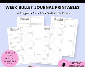 Undated Weekly Planner Printable A4 A5, Bullet Journal Weekly Pages PDF, Monday Sunday Start, Dotted Plain Layout