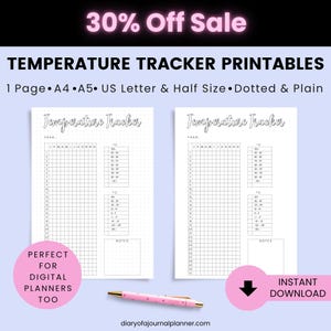 Könnte beinhalten: Zwei bedruckbare Temperatur-Tracker-Seiten in Weiß mit einem rosa Stift. Die Seiten haben ein Rasterlayout zur Aufzeichnung von Temperaturen in Celsius und Fahrenheit. Text enthält "Temperature Tracker Printables" und "Instant Download."