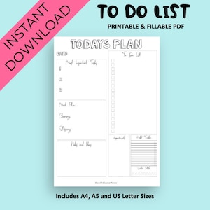 To Do List, Daily Planner, Daily Schedule, Todays Plan, Instant Download, Printable To-do List, Digital Planner, Printables, Planner Inserts